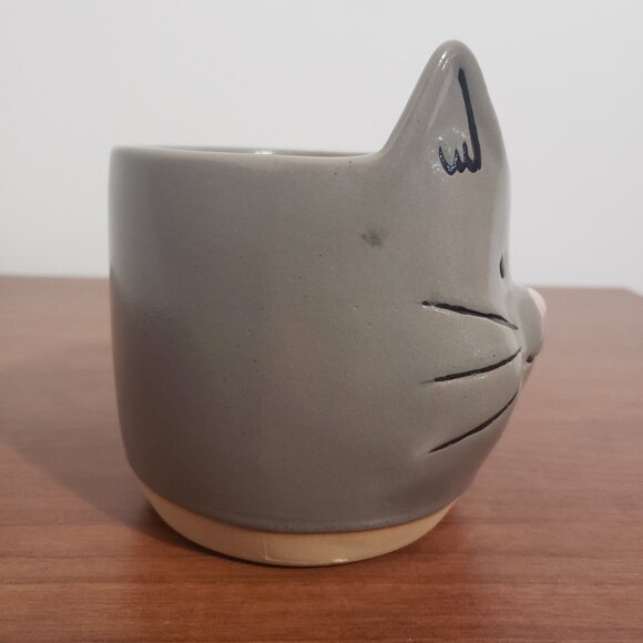 Kitty Cat Mug Novelty Handmade Tea Coffee Cup Collectable Plant Pot Grey - Picture 2 of 6